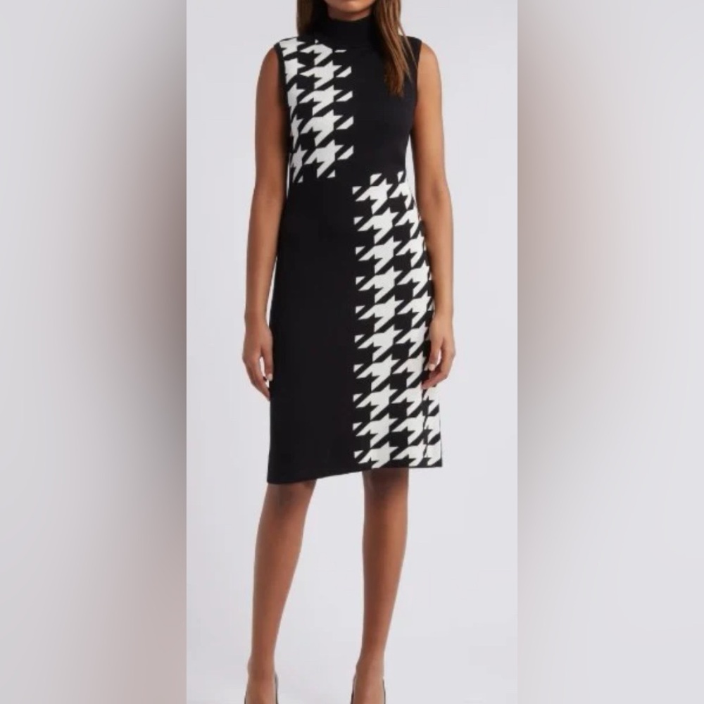 Anne Klein Black and White Houndstooth Knit Midi Dress - Size Large